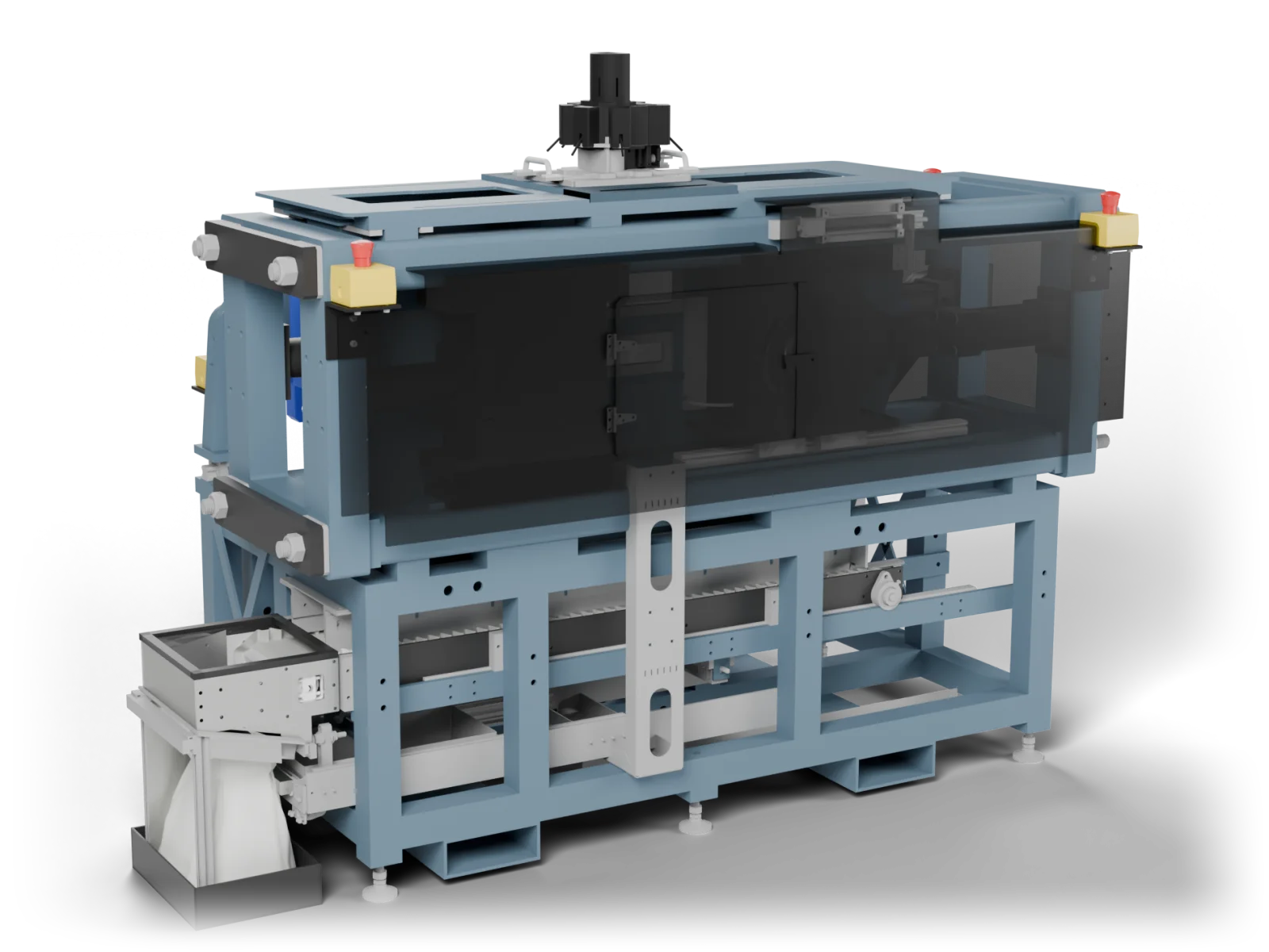 The Minpraxis Tester: core feeder on top, rolls in the middle, bagging station at the end